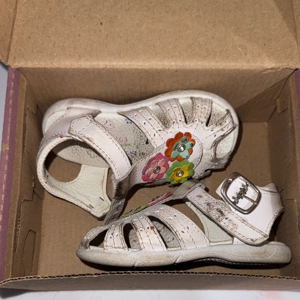 White and Pink Sandals with Velcro Straps and Cartoon Design